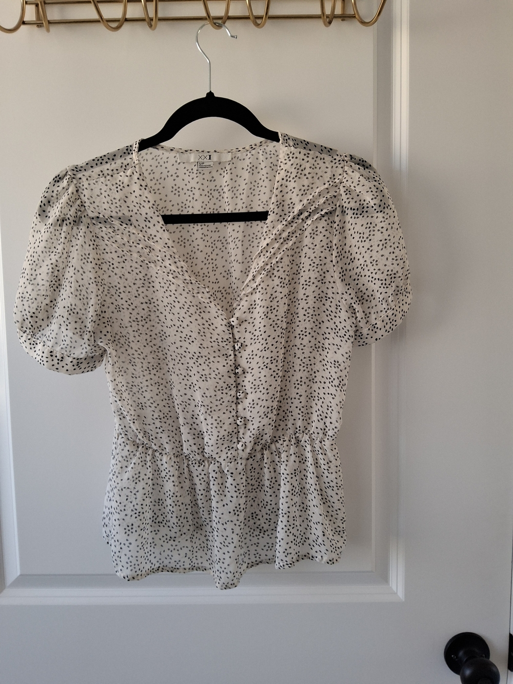Forever 21 White Puff Sleeve Button-Up Blouse with Black Dot Print